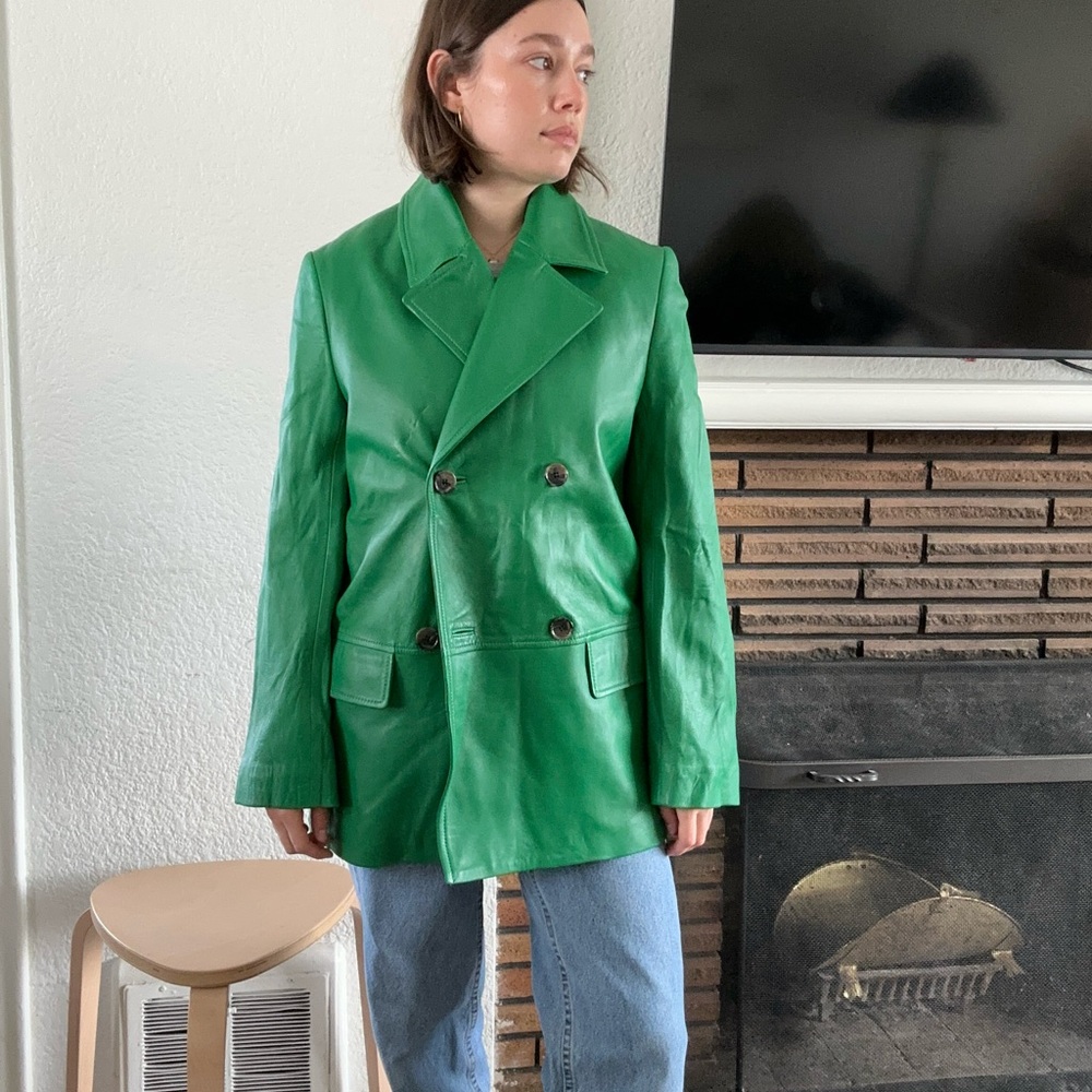 COS Green Double-Breasted Leather Jacket